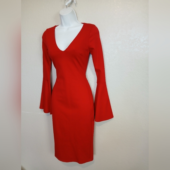 Just Me Red Long Flared Bell Sleeve Midi Pencil Dress Sheath Bodycon V Neck - Picture 4 of 7